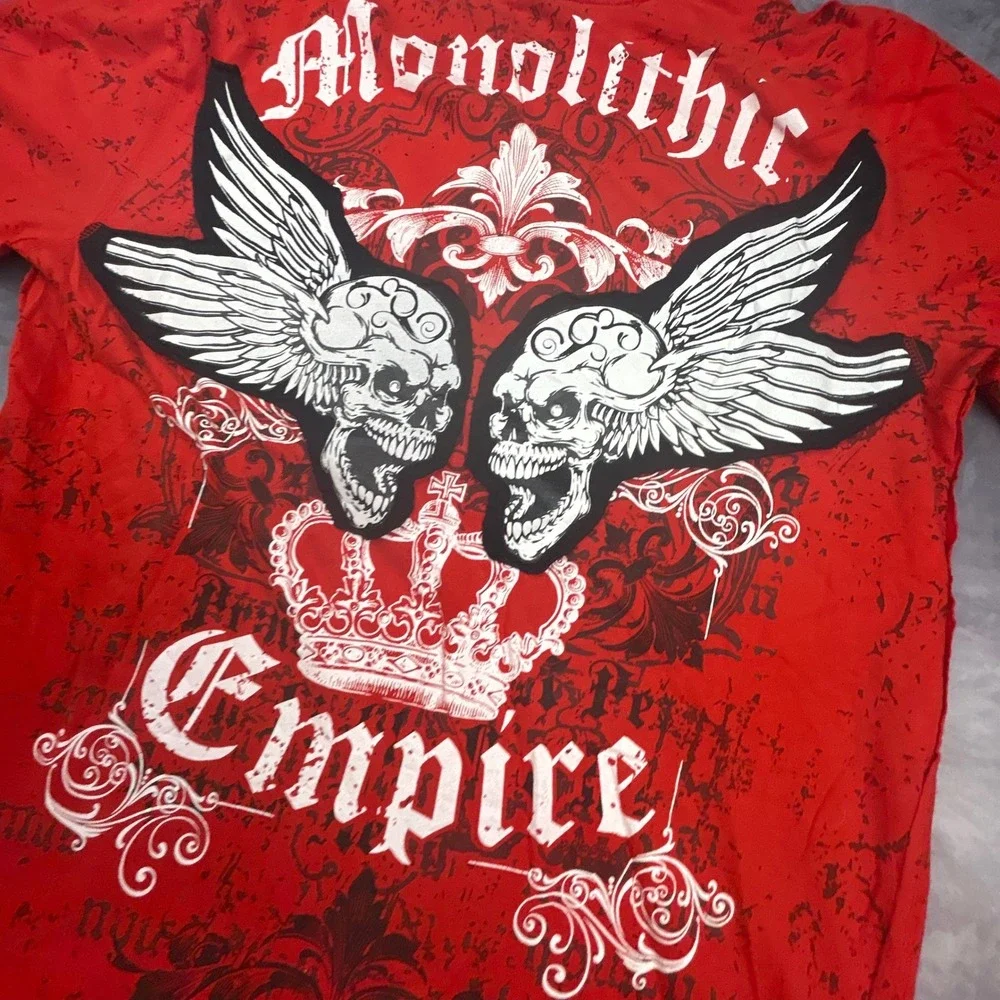 Monolithic Empire Red Graphic Tee Vintage Y2K Skulls Studded Biker Shirt Large